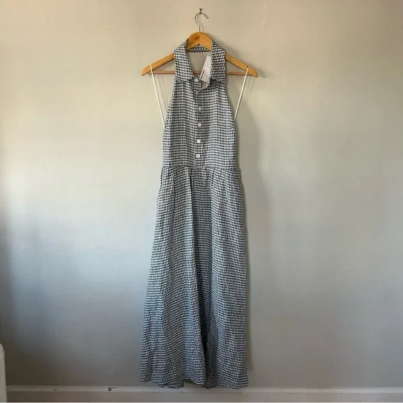 Reformation Tace Linen Dress in Slate Check Navy Open Back Midi Button Size  10